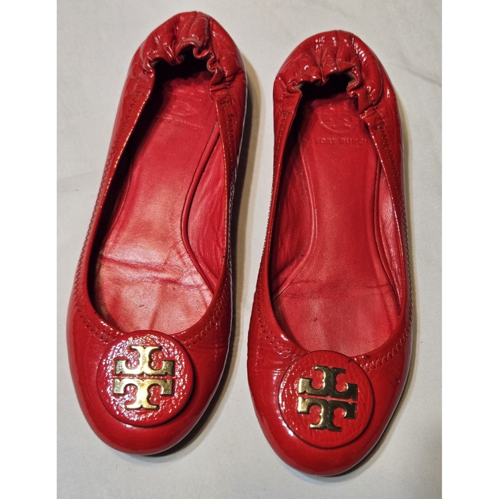Tory Burch Reva Red Patent Leather Logo Ballet Flats Size 7 Comfort Vixen Office
